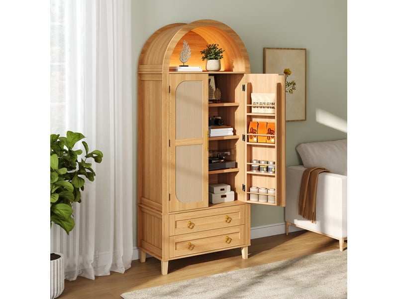  Buffet haut 76x40x179,5 cm avec niche ouverte en arc, éclairage led, 2 portes décor rotin et 2 tiroirs, mdf, naturel  - Conforama E