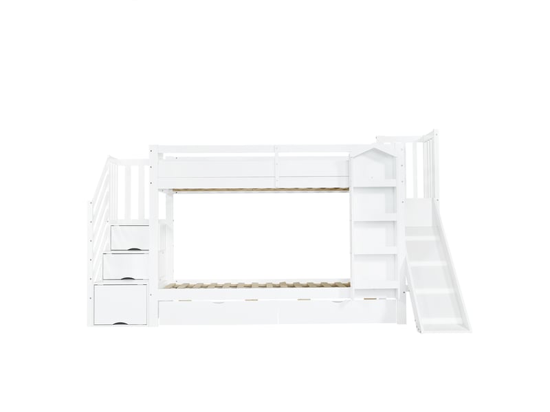 Lit superposé enfant 90 x 200 cm avec toboggan, escalier et 2 tiroirs, pin, mdf et contreplaqué, blanc C-CRAFTLINK - Conforama A