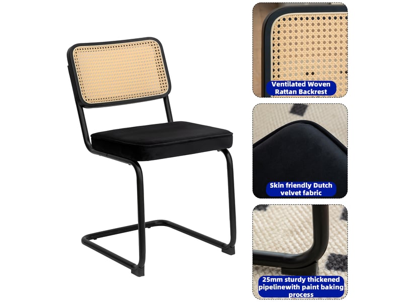  Lot de 2 chaises de salle à manger en velours et rotin noir, piètement chromé W5318P481471 - Conforama C