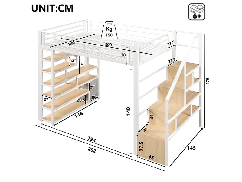 Lit mezzanine 140x200 cm avec rangements, led et garde-corps blanc - Conforama C