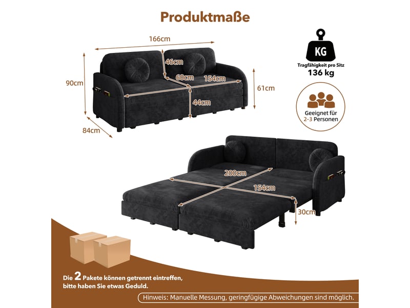 Canapé convertible 2 places 3-en-1, canapé-lit queen size avec poches latérales, coussins mobiles, tissu chenille noir, 166 x 84 x 90 cm  - Conforama D