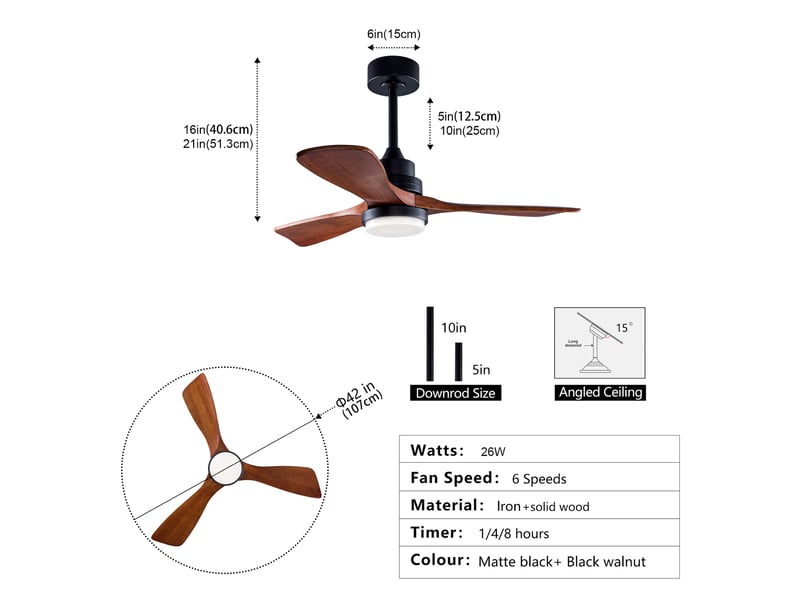 Ventilateur de plafond 107 cm éclairage led 3 couleurs dimmable bois massif noir et noyer foncé réversible télécommande silencieux - Conforama E