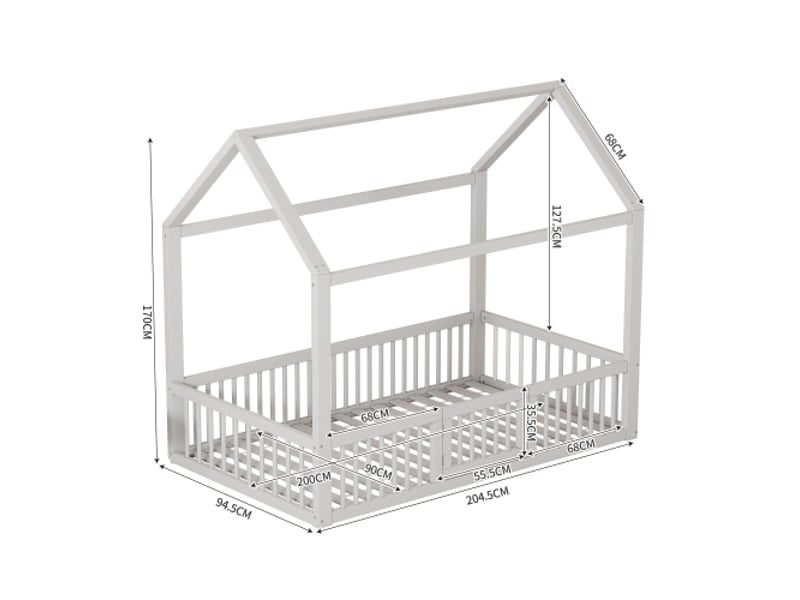  Lit cabane 90x200 cm, lit enfant avec barrière de sécurité, en bois, blanc, sans matelas  - Conforama D