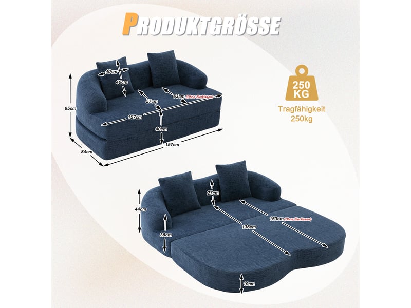  Canapé convertible 2 places – canapé-lit pliable 2 en 1 – tissu chenille – 2 coussins – 157 cm – bleu marine  - Conforama B
