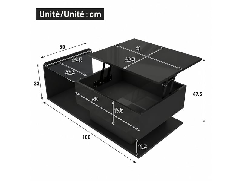  Table basse noire brillante réglable en hauteur avec plateau en verre trempé et led, 100 x 50 cm  - Conforama C