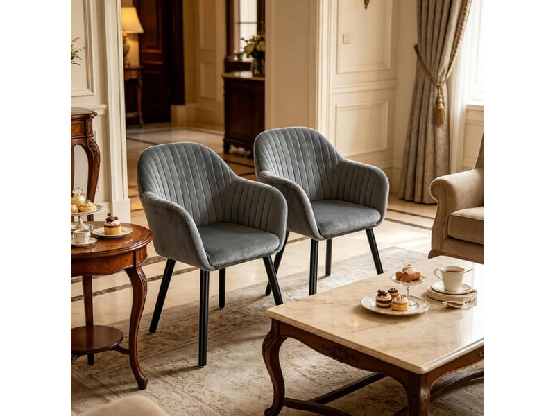  Lot de 2 chaises de salle à manger avec accoudoirs en velours gris foncé et noir  - Conforama D