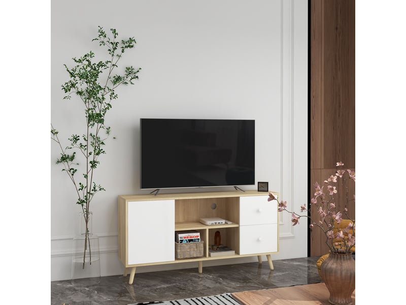  Meuble tv pour télévision jusqu'à 45 pouces pieds 120 x 30 x 60 cm en bois massif style scandinave 3 niches 1 placard  - Conforama A