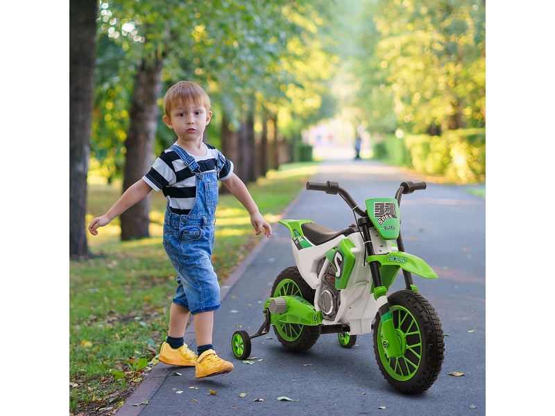  Moto électrique pour enfants de 3 ans et plus, 12 v, avec 2 roues d'équilibre, vitesse 3-8 kmh, démarrage progressif, 106,5 x 51,5 x 68 cm, verte  - Conforama D