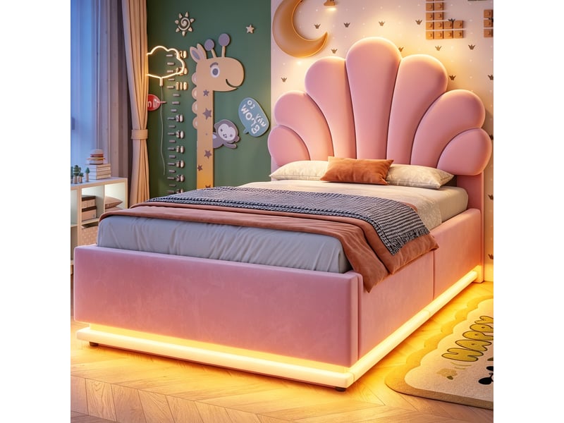  Lit coffre rembourré 90x200 cm coloris rose led velours  - Conforama E