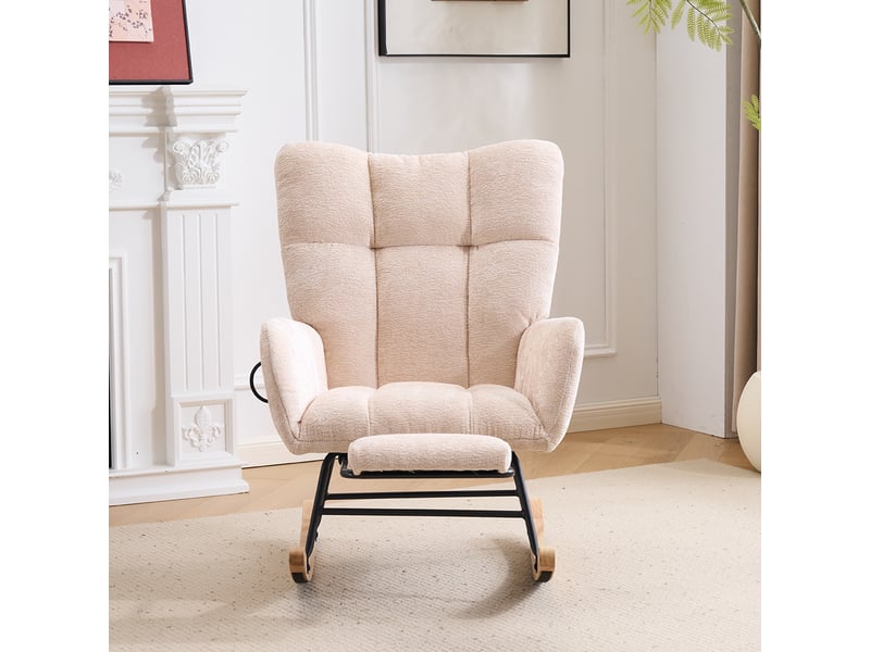  Fauteuil à bascule d'allaitement en chenille beige avec dossier haut et coussin d'air réglable  - Conforama D