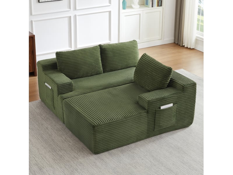  Canapé d'angle compressé en l 238x152x66 cm modulable 3 places, pour salon, pratique, mousse et velours côtelé, vert  - Conforama D