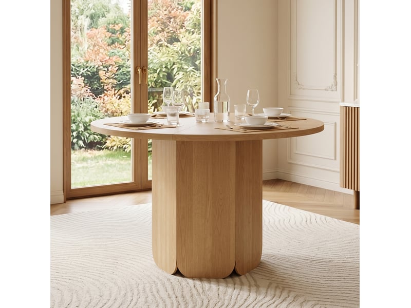 Table à manger ronde 120x120 cm, design classique, finition chêne en panneau mdf, esprit scandinave, pour 4-6 personnes - Conforama E