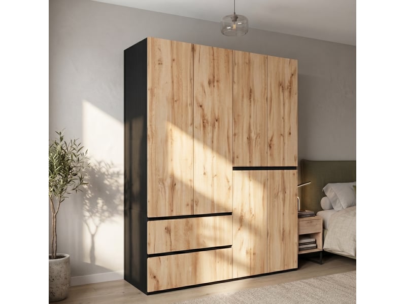  Armoire 6 portes avec 2 tringles et 5 tiroirs, décor chêne artisan et blanc, pour chambre 180 × 50 × 200 cm  - Conforama B