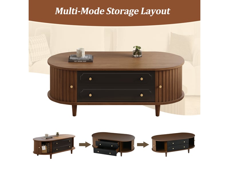  Table basse 100x50x36 cm, noyer et noir, 2 tiroirs, 2 portes à enroulement  - Conforama E
