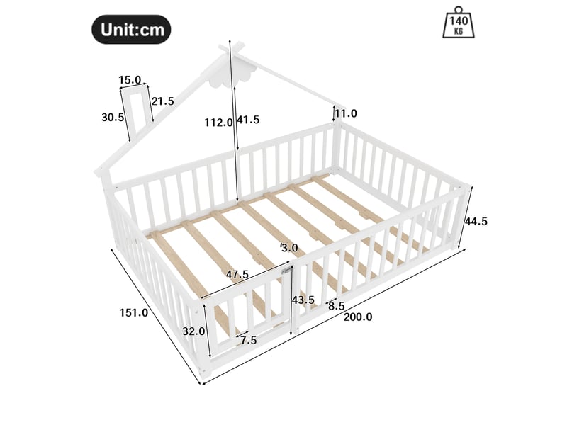  Lit enfant maison 140x190 cm, assemblage facile, barrière 32 cm avec serrure, design cabane, bois mdf, blanc, sans matelas  - Conforama C
