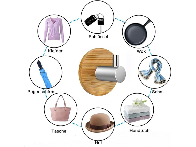 Lot de 4 crochets muraux en bambou, autocollants en acier inoxydable, sans perçage, antirouille, résistants à l'eau, pour salle de bain, cuisine, gris - Conforama C