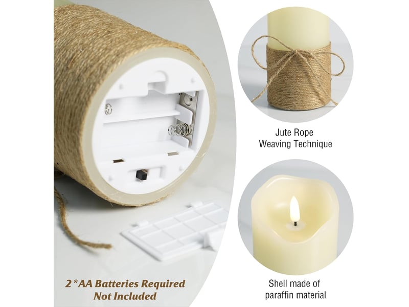 3 bougies pilier led sans flamme avec mèche 3d et corde de jute, effet vacillant, télécommande et minuterie, 101315 cm, modèle « bullet » + télécommande rechargeable - Conforama D