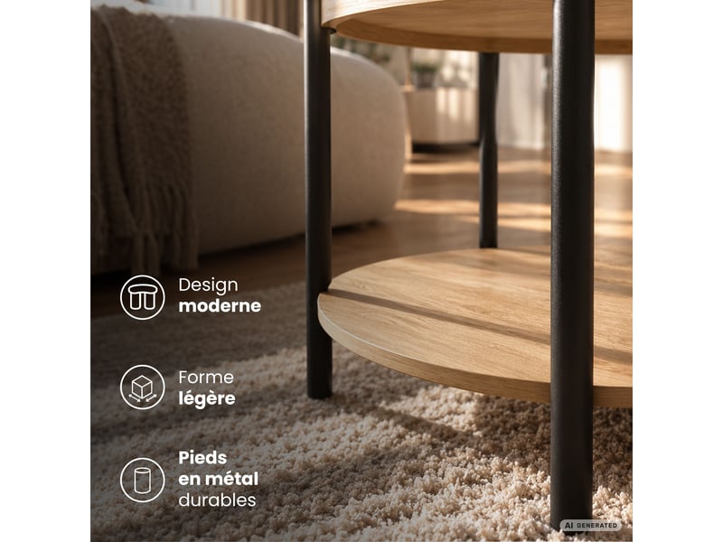  Table basse riva coloris bois naturel 51 cm ronde avec étagère pieds noirs style industriel 51x51x40 cm RIVA - Conforama E