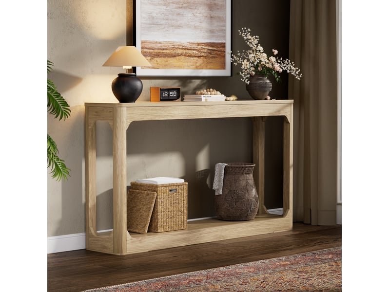  Console de 140 cm avec 2 niveaux de rangement, style moderne, pour entrée, couloir et salon en mdf naturel  - Conforama D