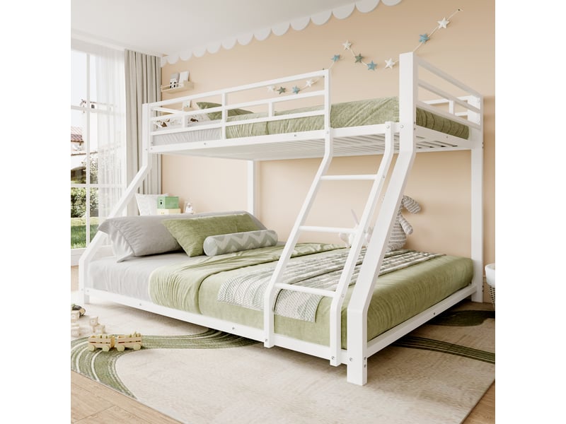 Lit superposé 3 places 90 x 200 et 140 x 200 cm avec garde-corps et échelle, lit double et simple en métal blanc, certifié en747, sans matelas - Conforama B