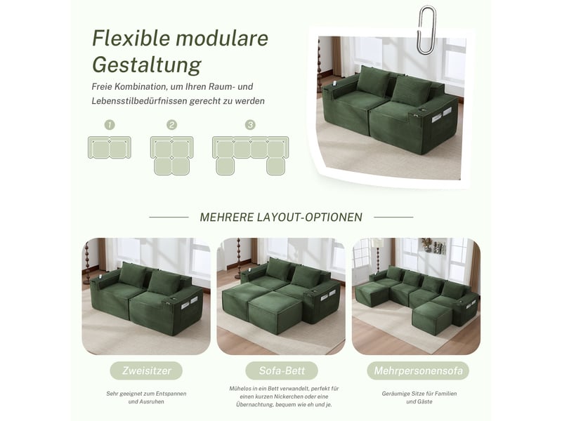 Canapé modulable 2 places – canapé en velours côtelé, assise profonde, porte-gobelets intégrés, poches latérales, ressorts et mousse haute densité, coussins inclus, vert - Conforama E