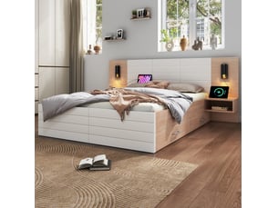 Lit 2 places 160x200 cm – blanc et chêne clair – tiroirs, liseuses orientables et port usb sans matelas