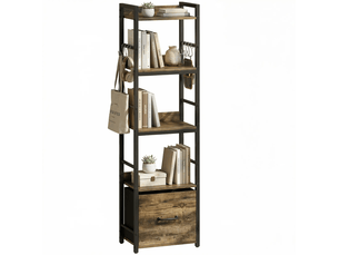 Etagère bibliothèque étroite 4 niveaux avec tiroir et 8 crochets, bois rustique