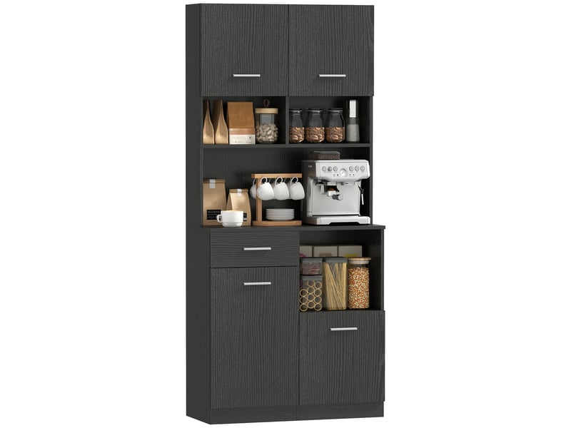  Buffet haut de cuisine 4 portes 1 tiroir avec étagères noir 80 x 35 x 180 cm  - Conforama A