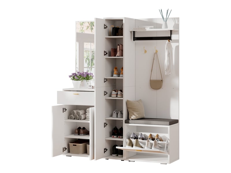  Vestiaire d’entrée avec miroir et banc, 3 portes, blanc, 150 x 36 x 180 cm  - Conforama A