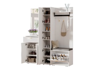 Vestiaire d’entrée avec miroir et banc, 3 portes, blanc, 150 x 36 x 180 cm