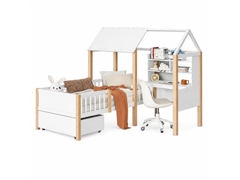  Lit cabane enfant avec bureau intégré, 90 x 200 cm, tiroirs sur roulettes et bibliothèque, blanc et bois naturel  - Conforama A