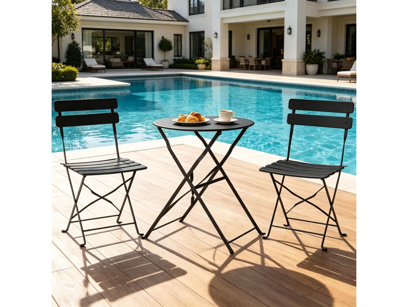 Ensemble table et chaises de jardin avec 1 table et 2 chaises pliantes, en métal noir pour balcon et terrasse - Conforama B