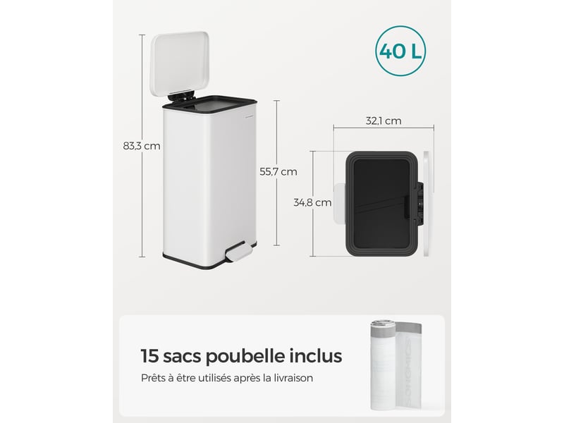  Poubelle de cuisine à pédale 34,8 x 32,1 x 55,7 cm capacité 40 l design moderne finition épurée en acier blanc 12_0011462  - Conforama B