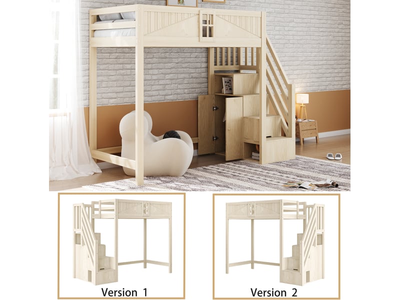  Lit mezzanine enfant 90x200 cm – bois naturel – échelle réversible, rangement latéral - sans matelas  - Conforama E