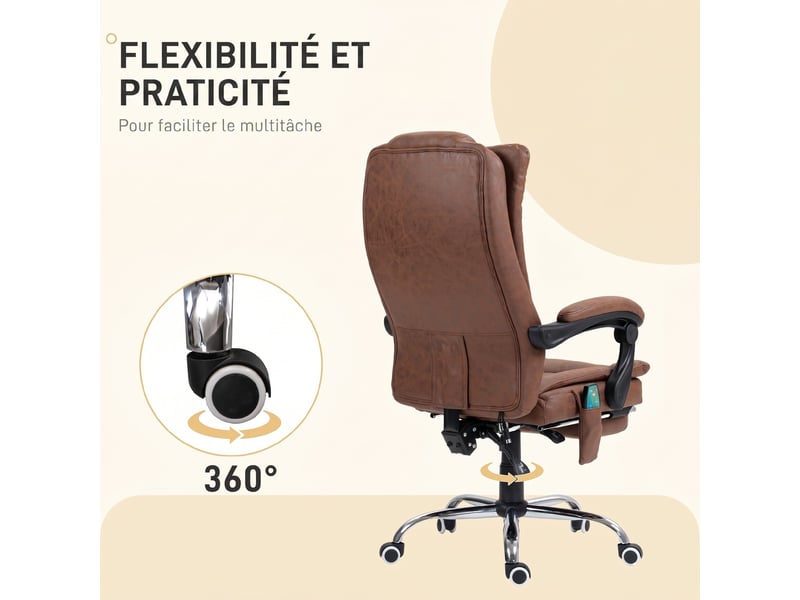  Fauteuil de bureau massant et chauffant avec hauteur réglable, dossier inclinable, marron, repose-pied et télécommande  - Conforama R