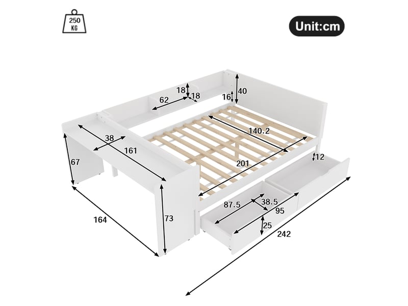  Lit double 140x200 cm avec bureau, 2 tiroirs et 3 rangements, pin et panneaux de particules, blanc  - Conforama C