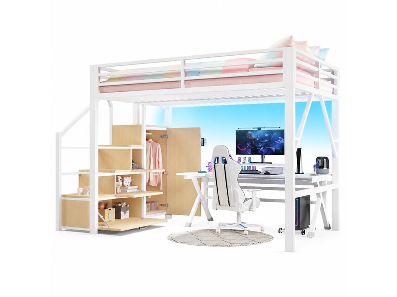 Lit mezzanine 140x200 cm avec rangement, armoire, led et escalier, blanc - Conforama A