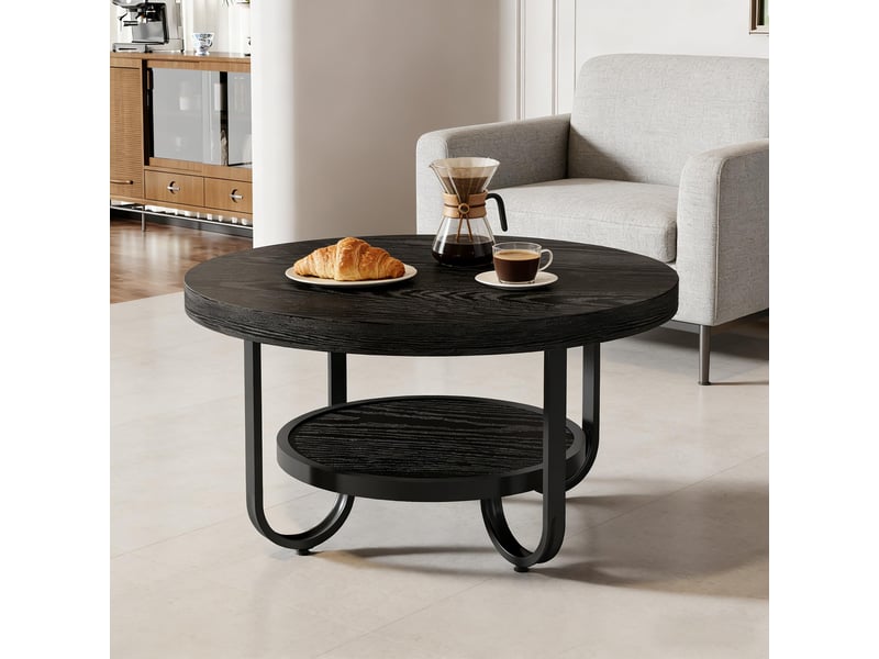  Table basse ronde à 2 niveaux avec tablette inférieure, style industriel, en mdf et métal, noire, pour le salon  - Conforama C