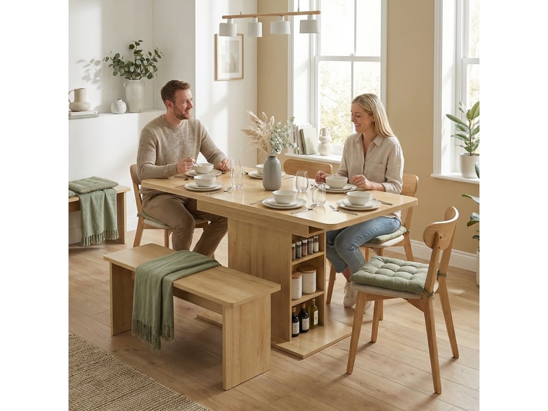  Table à manger extensible rectangle pour 4 à 6 personnes, table de cuisine 110-130 cm, 6 étagères ouvertes, bois naturel  - Conforama C