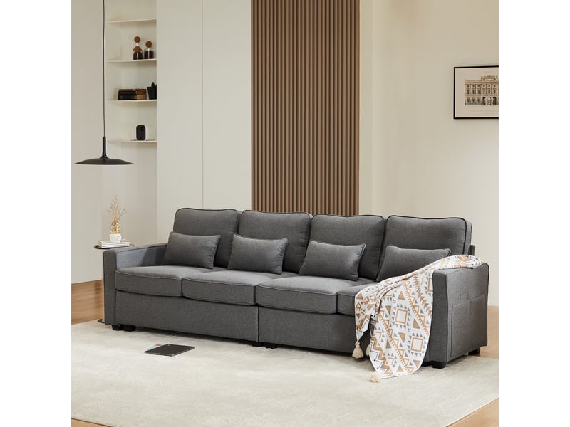  Canapé 4 places - poches latérales - 4 coussins inclus - tissu aspect lin - mobilier de salon - assise confortable - gris foncé  - Conforama C