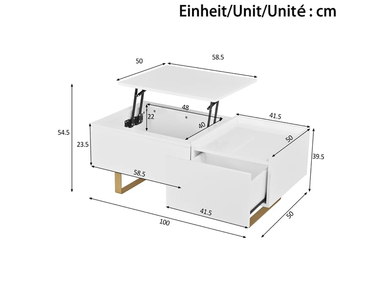  Table basse relevable avec 1 tiroir et 1 rangement caché, finition brillante, en mdf, blanc, 100 × 50 × 54,5 cm  - Conforama D