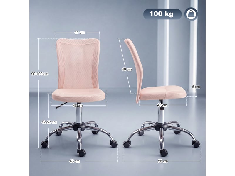  Chaise de bureau pivotante ergonomique sans accoudoirs, tissu en maille respirante, hauteur réglable, rose  - Conforama E