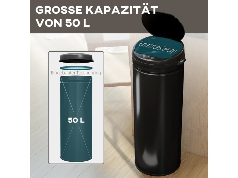 Poubelle à capteur 50 l 30,5x30,5x85 cm – noire – acier inoxydable, ouverture sans contact - Conforama E