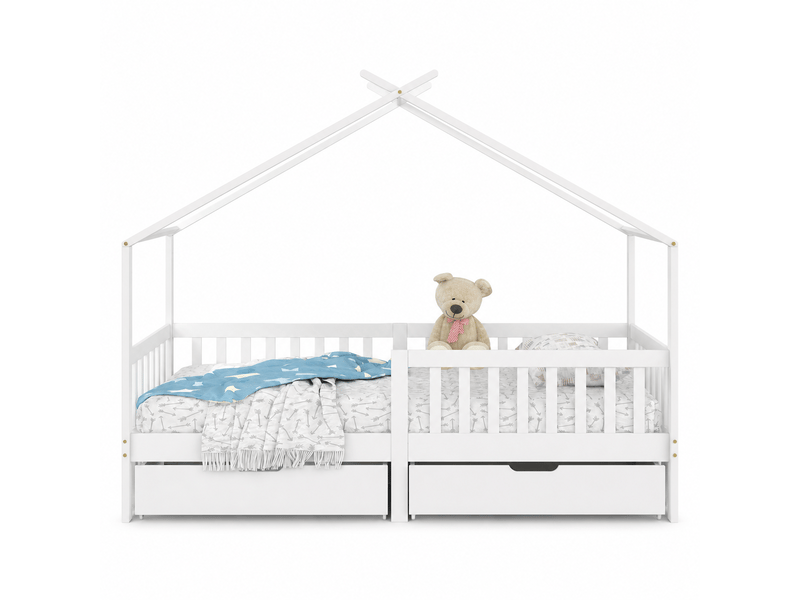  Lit cabane enfant 90x200 cm avec 2 tiroirs sur roulettes, barrières antichute et sommier à lattes, pin massif certifié fsc et mdf, blanc  - Conforama A