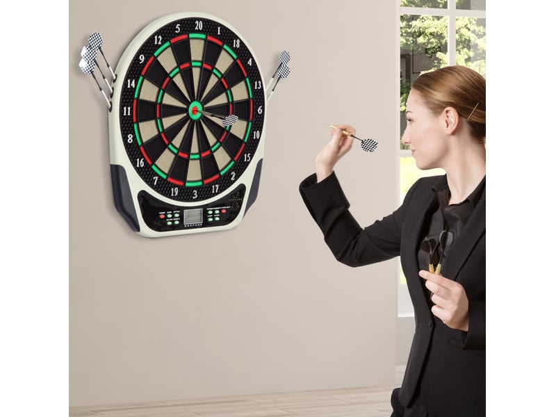  Cible de fléchettes électronique 44 x 50 cm noire en plastique, écran lcd, 18 jeux et 6 fléchettes  - Conforama B
