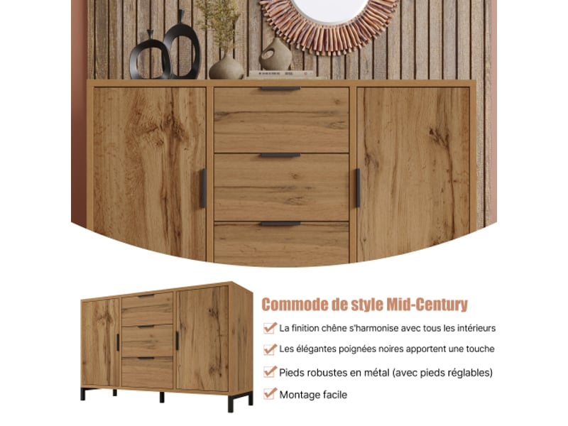  Commode 2 portes 3 tiroirs avec étagère réglable - elvmi - en panneau de particules, chêne foncé, 120 x 40 x 76 cm  - Conforama E