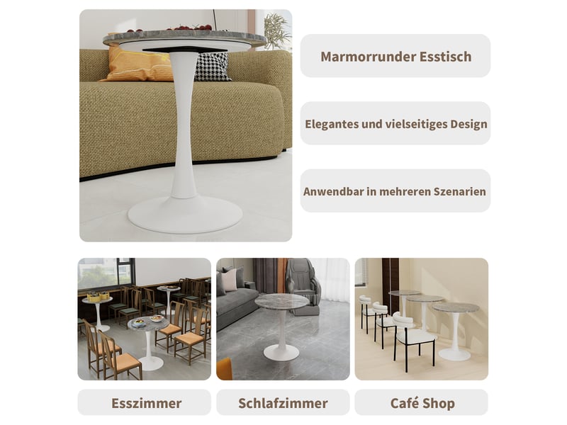  Table ronde,70x70x72 cm,style mid-century,marbre artificiel,gris et blanc antique  - Conforama E