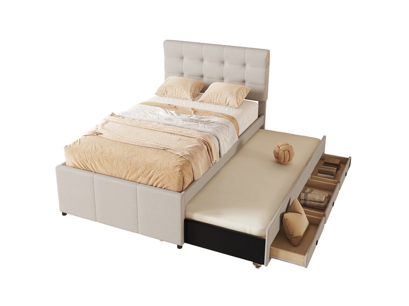  Lit gigogne 90x200 cm avec 3 tiroirs et tête de lit réglable en lin beige  - Conforama A