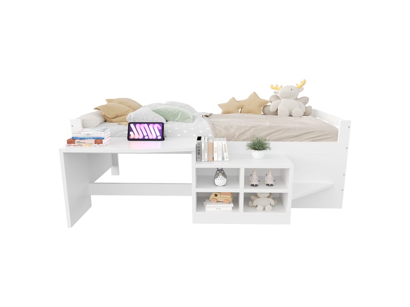Lit enfant 90x200 cm bureau intégré rangements multiples prises 2 ports usb+secteur marche accès pin blanc sans matelas - Conforama A