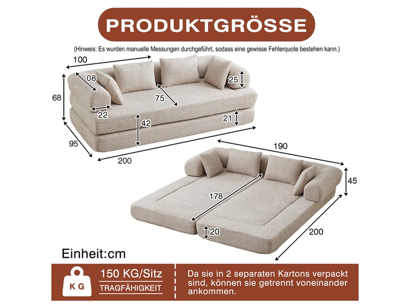 Canapé 2 places 4-en-1 en tissu chenille kaki avec 4 coussins - Conforama C